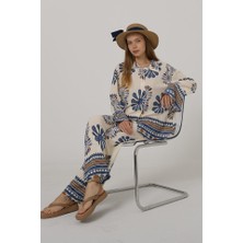 Gelirr Desenli Kolları Volanlı Pantolon Takım - Mavi