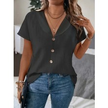 Gelirr Kadın Kısa Kollu Derin V Yakalı Düğmeli Ithal Keten Bluz