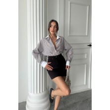 Gelirr Yaka ve Manşet Beyaz Boyfriend Çizgili Poplin Gömlek - Kahverengi