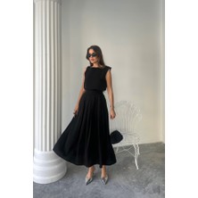 Gelirr Keten Kolsuz Bluz - Maxi Etek Takım - Siyah