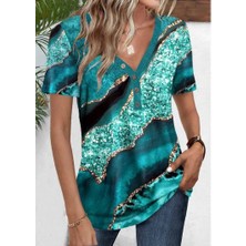 Gelirr Kadın Kısa Kollu V Yakalı Önden Düğmeli Baskılı Süprem Bluz