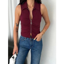 Gelirr Yakalı Tam Fermuarlı Kolsuz Bluz - Bordo