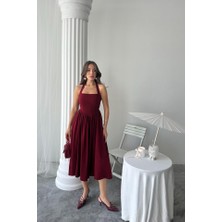 Gelirr Bordo Boyundan Bağlamalı Keten Elbise