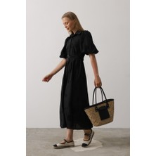 Gelirr Balon Kol Kemerli Brode Elbise - Siyah