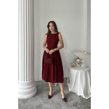 Gelirr Bordo Yanları Büzgülü Midi Boy Keten Elbise