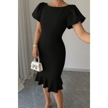 Gelirr Kadın Kısa Kollu Yuvarlak Yaka Pileli Janjan Krep Elbise