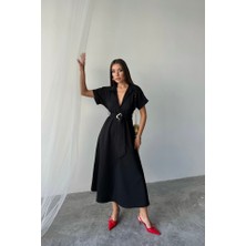 Gelirr Önden Düğmeli Crushlı Modal Elbise - Siyah