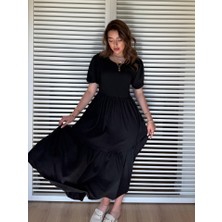 Gelirr Kadın Kısa Kollu Yakası Açık Katlı Bürümcük Balon Elbise