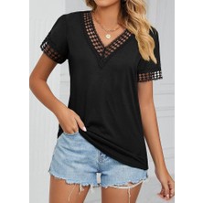 Gelirr Kadın Kısa Kollu V Yaka Dantel Yakalı Viskon Bluz