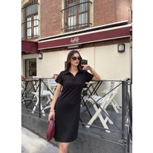 Gelirr Osy Modal Yumuşak Dokulu Kumaş Yakalı Kısa Kollu Elbise - Siyah