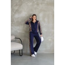 Gelirr Osy Modal Yumuşak Dokulu Kumaş Kapüşonlu Leopar Desenli Fermuarlı Takım - Lacivert