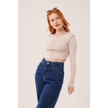 Gelirr Ters Dikişli Basic Krem Body Bluz