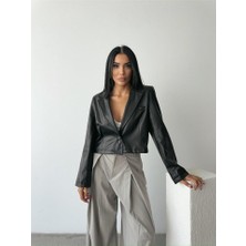 Gelirr Deri Crop Ceket Tek Düğme - Siyah