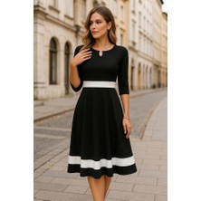 Gelirr Kadın Fakir Kol Yakası Açık Blok Renkli Krep Midi Elbise