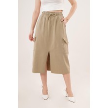 Gelirr Ön Yırtmaçlı Cep Detaylı Haki Etek