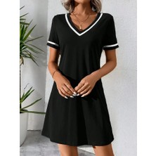 Gelirr Kadın Kısa Kollu V Çizgili Yakalı Kısa Viskon Elbise