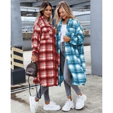 Gelirr Kadın Kırmızı Uzun Ekose Detay Fırsat Ürün Ekose Ceket