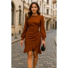 Gelirr Kadın Uzun Kollu Bisiklet Yaka Önden Volanlı Ithal Krep Elbise