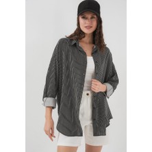 Gelirr Çizgili Oversize Gömlek 20295 - Siyah