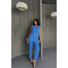 Gelirr Jakar Kumaş Yelek - Pantolon Takım - Mavi