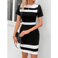 Gelirr Kadın Kısa Kollu Bisiklet Yaka Çift Renkli Ithal Krep Elbise