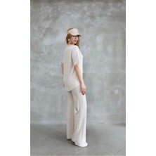 Gelirr Osy Modal Yumuşak Dokulu Kumaş Bisiklet Yaka Taş Detaylı Kısa Kollu Takım - Kırık Beyaz