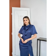 Gelirr Indigo Büzgülü Saten Elbise