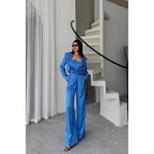 Gelirr Jakarlı Bluzu Tasarım Detaylı Ceket-Pantolon-Bluz 3 Lü Takım - Mavi