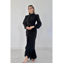 Gelirr Siyah Volanlı Uzun Kol Elbise
