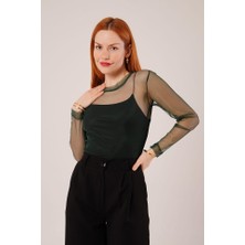 Gelirr Transparan Yeşil Tül Basic Bluz