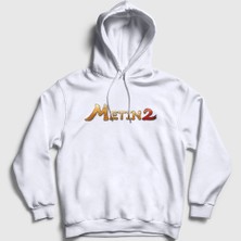 Presmono Unisex Beyaz Logo Oyun Metin2 Kapüşonlu Sweatshirt