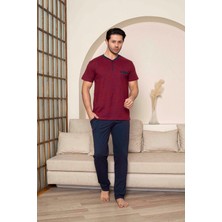 Erkek Bordo-Lacivert Kombin Jakar Desen Kısa Kol Pantolon Cepli Penye Kumaş Pijama Takımı