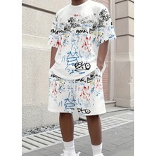 Amor Man Büyük Beden Özel Tasarım Graffiti Karma Baskılı Sokak Modası Hip Hop Erkek T-Shırt Şort Takımı