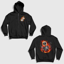 Presmono Unisex Siyah Dices Havalı Burning Skeleton Sırt Baskılı Fermuarlı Kapüşonlu Sweatshirt