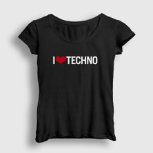 Presmono Kadın Siyah I Love Techno T-Shirt
