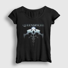 Presmono Kadın Siyah Logo Metal Queensryche T-Shirt
