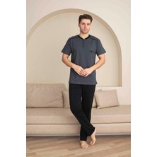 Erkek Kısa Kollu Dügmeli Yaka Uzun Alt Penye Kumaş Orta Kalın Pijama TAKIMI-5313