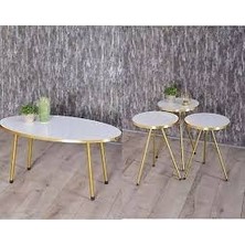 Zigon Sehpa ve Orta Sehpa Elips Set  Altın Metal Ayak Altın Beyaz