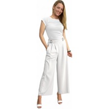 Kadın Yüksek Bel Tokalı Kemer Görünümü Wide-Leg (Geniş Paça) Palazzo Pantolon