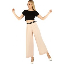 Kadın Kemerli Wide Leg (Geniş Paça) Belinde Gizli Fermuarlı Palazzo Etek Pantolon