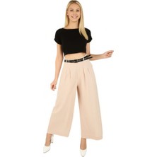 Kadın Kemerli Wide Leg (Geniş Paça) Belinde Gizli Fermuarlı Palazzo Etek Pantolon