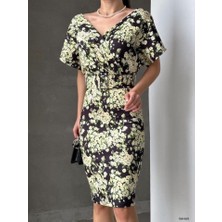 Alinn Butikk Kadın Dalgıç Kumaş V Yaka Çiçek Desenli Kuşaklı Kalem Elbise