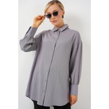 Gökyüzü Moda Çizgili Uzun Gömlek Tunik 5963 - Gri