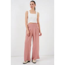 Modamuvo Geniş Paça Pileli Pantolon 6718 - Gül Kurusu