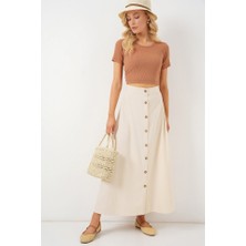 Alinn Butikk Düğmeli Keten Uzun Etek 8046 - Krem