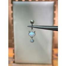 Aida Jewelss 316 L Cerrahi Çelik Kedi Modeli Opal Taşlı Zirkon Taş Detaylı Sallantılı Göbek Piercingi