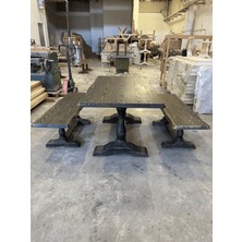 Emel Ahşap Masif Doğal Ahşap Aslan Ayaklı Kütük Masa (190X90CM) ve Bench (2 Adet 160X43 Cm)