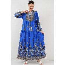 2423 Otantik Desenli Tesettür Elbise - Saks 1