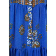 2423 Otantik Desenli Tesettür Elbise - Saks 1