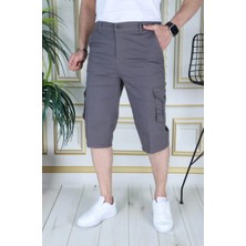 Gri Erkek Slim Fit Kapri Likralı Gabardin/kanvas Kargo Cepli Bermuda